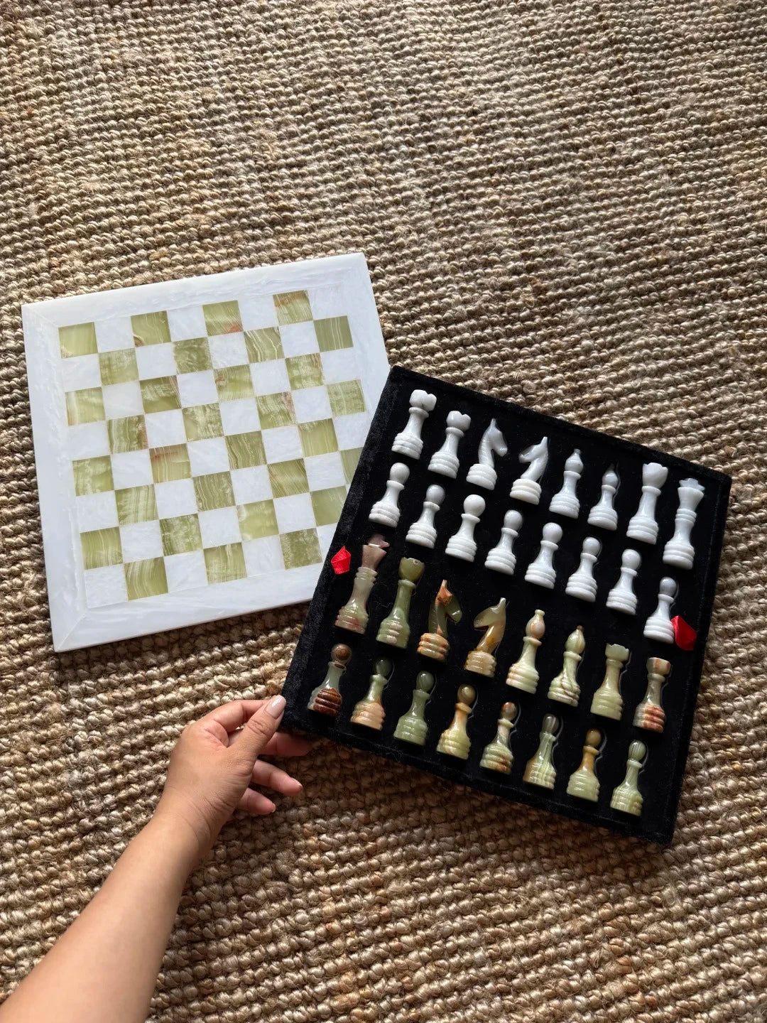 White and Jade Onyx Marble Chess Set