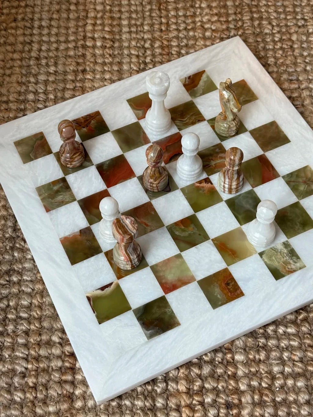 White and Jade Onyx Marble Chess Set